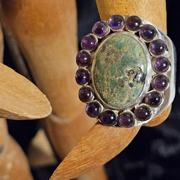 Vintage Sunburst Chrysocolla & Amethyst Ring - Picture 5 of 6